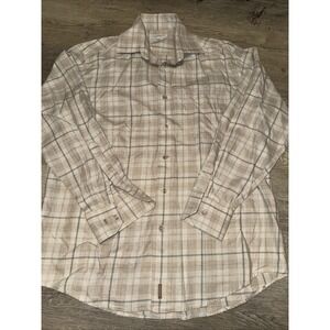 Alex Cannon Button Down Shirt Mens M Tans And Gray 100% Cotton Checkered